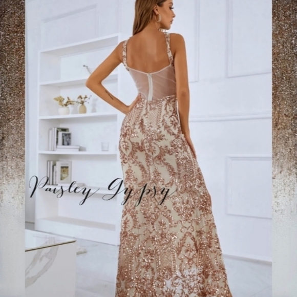 GLAMOROUS HIGH FASHION FORMAL CHAMPAGNE AND ROSE GOLD GOWN - Picture 3 of 12